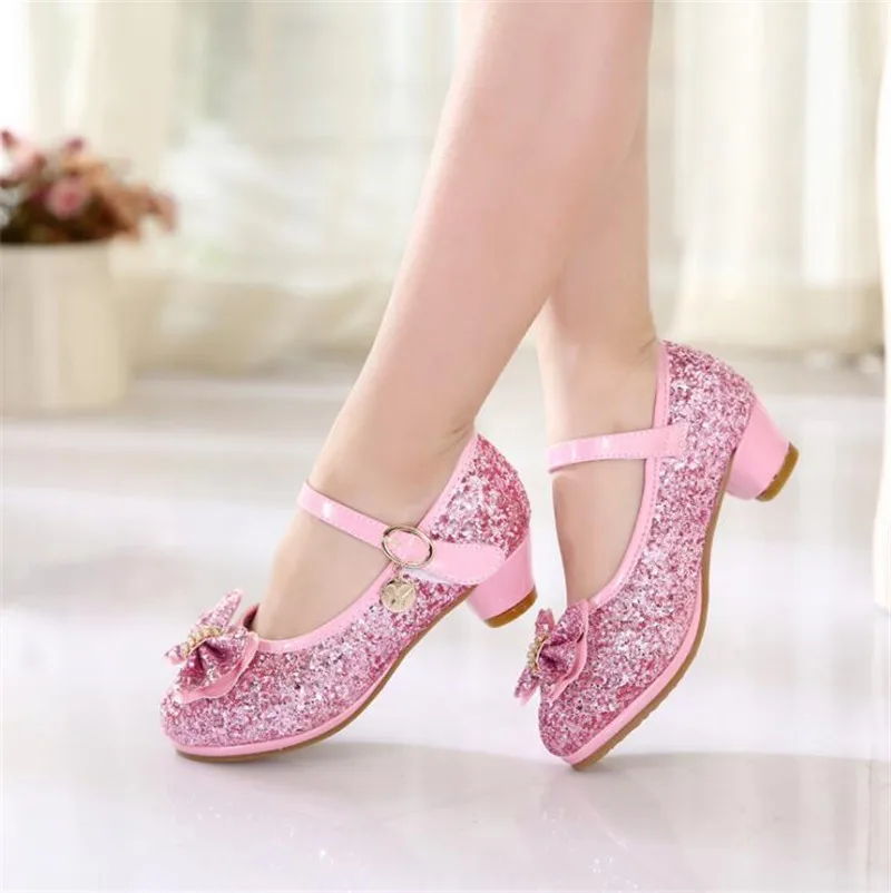 Weoneit/Новинка года; модные детские туфли на высоком каблуке с блестками; вечерние тонкие туфли принцессы для девочек; размеры 28-38 - Цвет: pink
