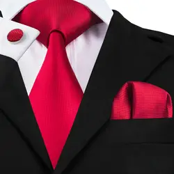 Для мужчин s однотонные красные галстук, носовой платок, запонки комплекты Для мужчин 100% шелковые галстуки для Для мужчин Формальные