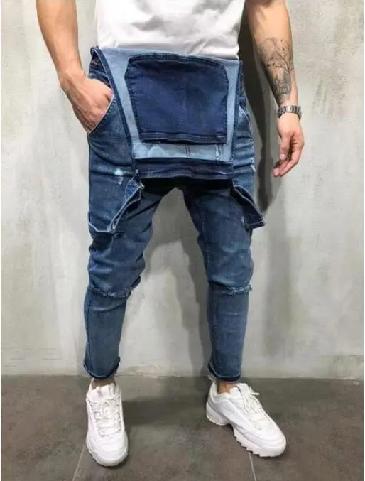 2019New Весенняя мода Для мужчин ползунки рваные джинсы Street Distressed Denim Комбинезон для человека штаны с подтяжками Размеры S-XXXL