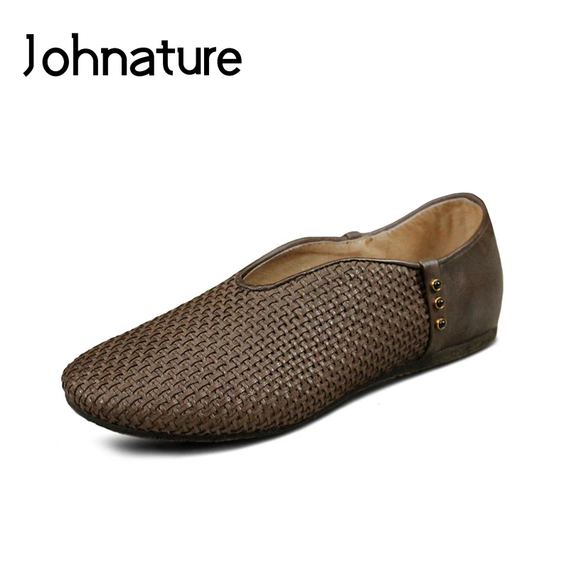 

Johnature 2019 New Round Toe Genuine Leather Comfortable Solid Soft Sole Knitted Shallow Slip-on Loafers Women Flats Shoes