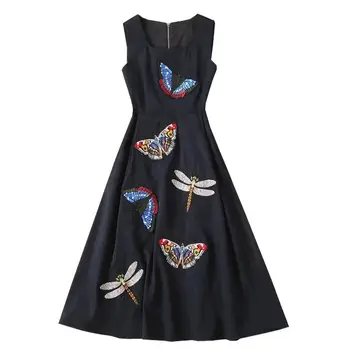 

2020 spring and summer large size women's square collar applique embroidered large swing sleeveless vest dress