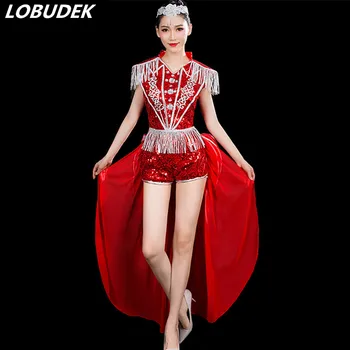 

Adult Female Jazz Dance Costume Swallow Tail DS Sexy Modern Dance Costume Stage Performance Clothing Red Sequins Tassels Sets