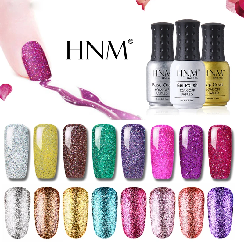 HNM 8ML 38 Colors Bling Glitter Neon And Platinum Gel Nail Polish Shiny