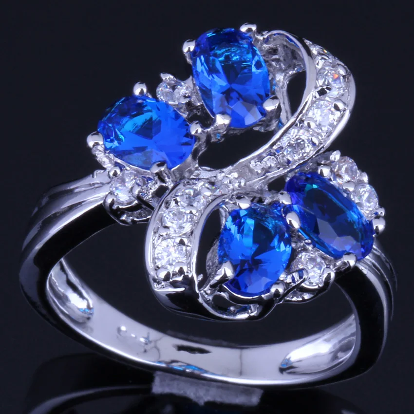 

Absorbing Plant Blue Cubic Zirconia White CZ Silver Plated Ring V0145
