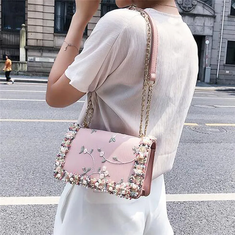 

OCARDIAN Handbags Mini Crossbody Bags Lace Flowers Leather Square bag Flower Pearl Chain Shoulder Messenger Bag Dropship M7