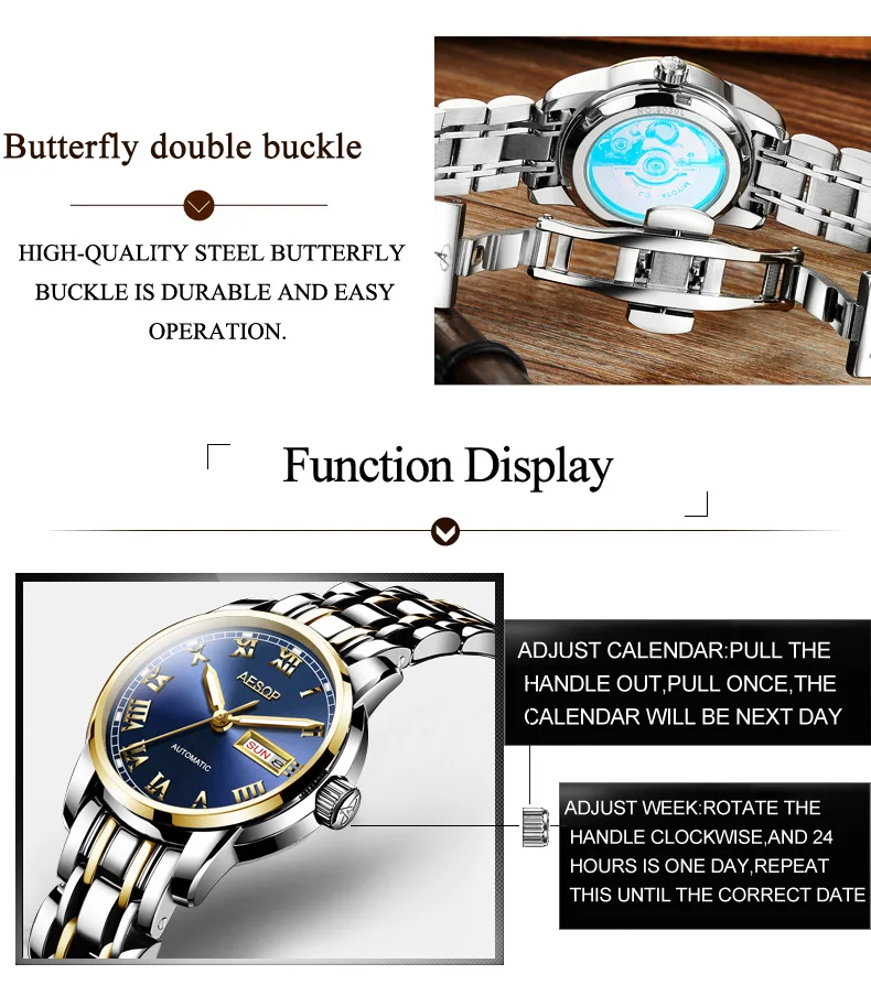 AESOP Gold luxury Watch Women Japan Movement Mechanical Automatic watch Ladies Stainless steel Golden Female Clock Women