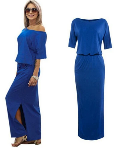 Сексуальное летнее женское платье макси в стиле бохо с коротким рукавом и Боковым Разрезом, свободное вечернее длинное пляжное платье с карманом, Vestidos KH804156 - Цвет: blue
