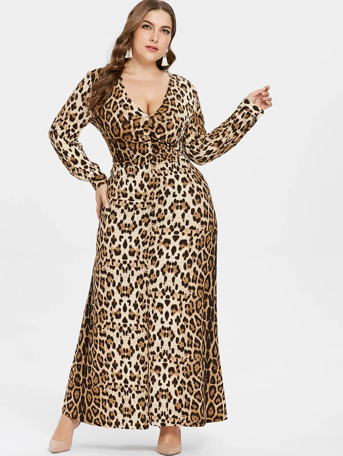 Wipalo размера плюс, сексуальное леопардовое платье с v-образным вырезом, женское платье с длинным рукавом по щиколотку, Повседневная Осенняя Женская одежда, большие размеры, Vestido