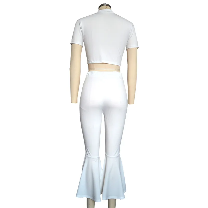 Белый комплект из двух предметов, женская летняя одежда, топ с коротким рукавом и галстуком-бабочкой и укороченные брюки-клеш, модный сексуальный женский комплект