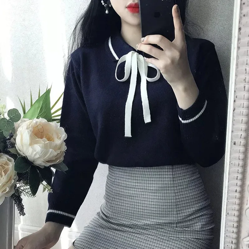  2018 Autumn Women Sweater New Small Fresh Bow Sweaters Female Korean Version Lapel Collar Sweet  Knit Pullover Women Tops