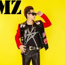 Лидер продаж, мужской певец, костюм для выступлений, Мужская ветровка, красно-черное кожаное пальто, DJ, сценические костюмы