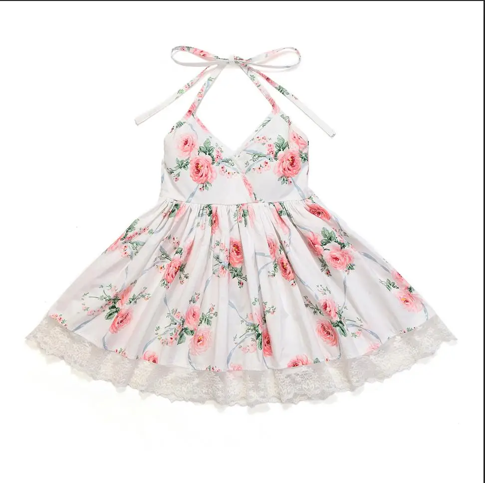 Flofallzique платье с цветочным узором для девочек Лето г. Роза цветочный принт дизайн Одежда малышей спинки Свадебная вечеринка - Цвет: white