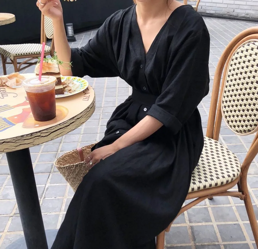 

Fashion 2019 New Korean V-Neck Maxi Party Dress Women Vintage Solid Belt Empire A-Line Dress Female Casual Loose Dresses