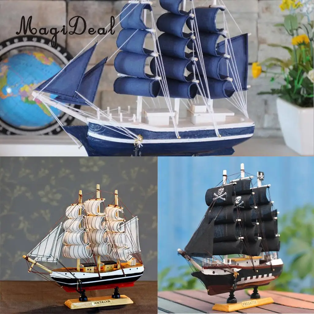 Wooden Small Sailboat Pirate Ship Home Model Boat Nautical Office Desk Bookstore Theme Party Decor Children Kids Birthday Gift