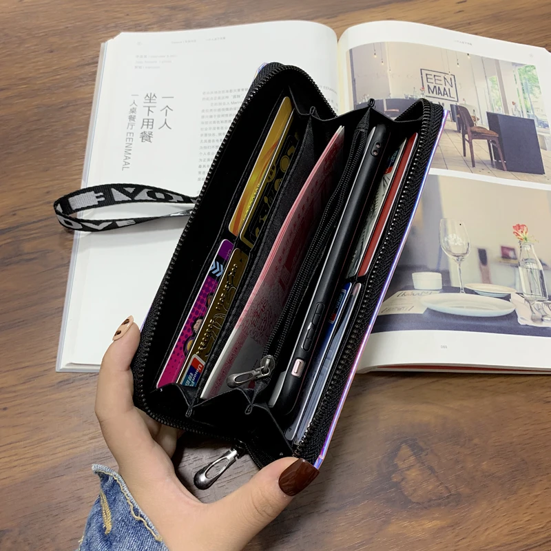 Women Wallets Lanyard Laser Holographic Wallet Women Long Purse Female Clutch Bag Portfel Zip Phone Pocket Card Holder Carteras