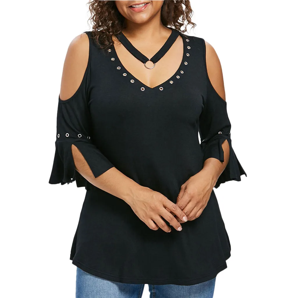 Blouses Woman 2019 Fashion Women Solid Flare Short Sleeve Vest V-Neck Rivet  Blouse Women Blouses Women's Blusa Ladies Tops