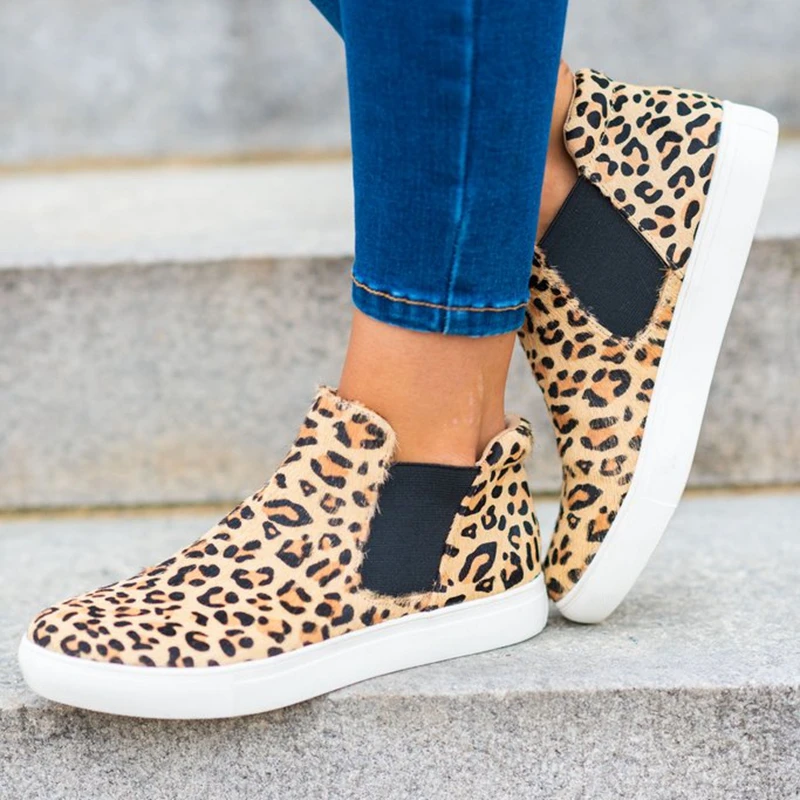 

MoneRffi 2019 Casual Shoes Flats Women Leaopard Women Sneakers Flats Platform Spring High Top Slip-on Breathable Women Canvas