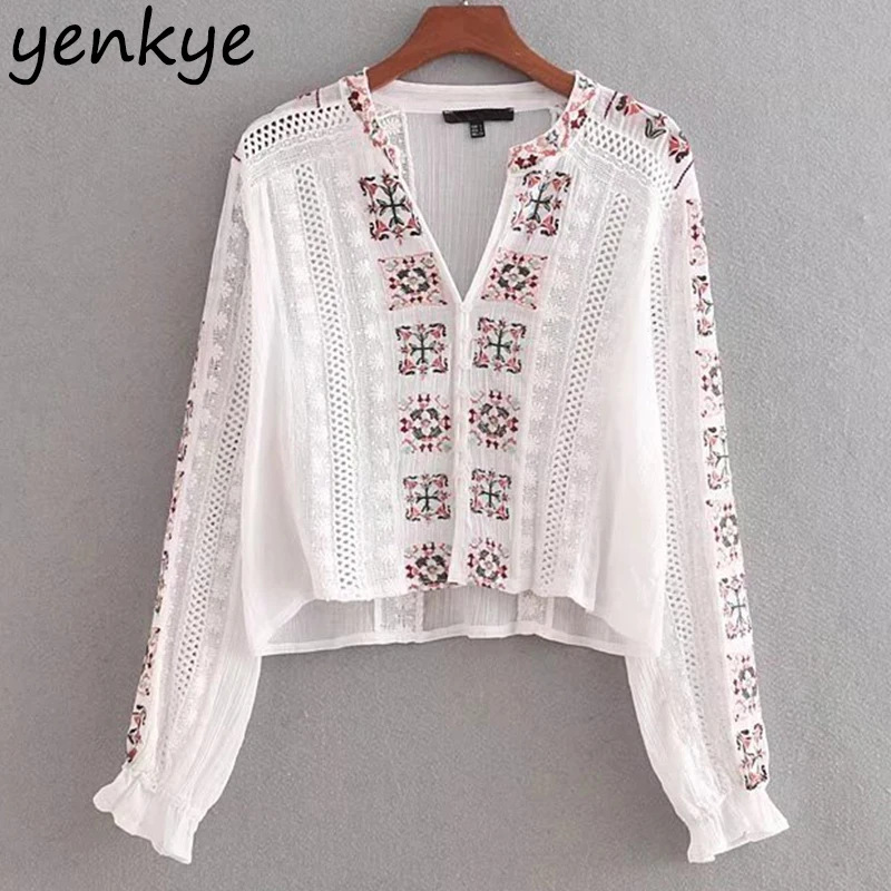 Meilleur Femmes Floral Broderie D été Blouse À Manches Longues V Cou Crêpe Blanc Chemise Marque De Mode Crop Top CCWM8584