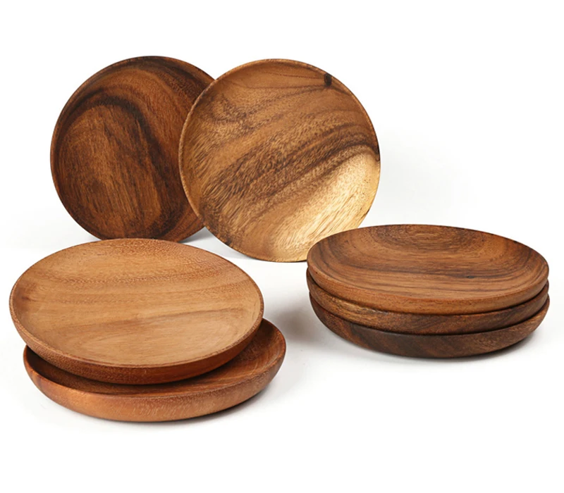 Round Wooden Plates High Quality Acacia Wood Serving Tray Cake Dishes Tableware Plate for Dessert Salad 2 Sizes Wood Utensils (9)