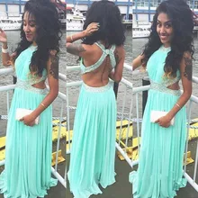 Mint Green Langen Chiffon Promkleider Neue Ankunft Halter Open Back Perlen Abend Formale Kleider vestido de gala