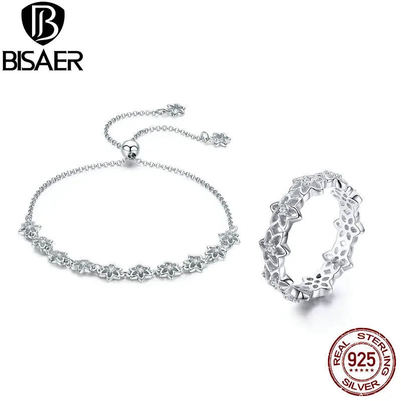 

BISAER 2 PCS 925 Sterling Silver Clear CZ Flower Chain Bracelet and Finger Ring Jewelry Sets for Women Fashion Jewelry GUS107