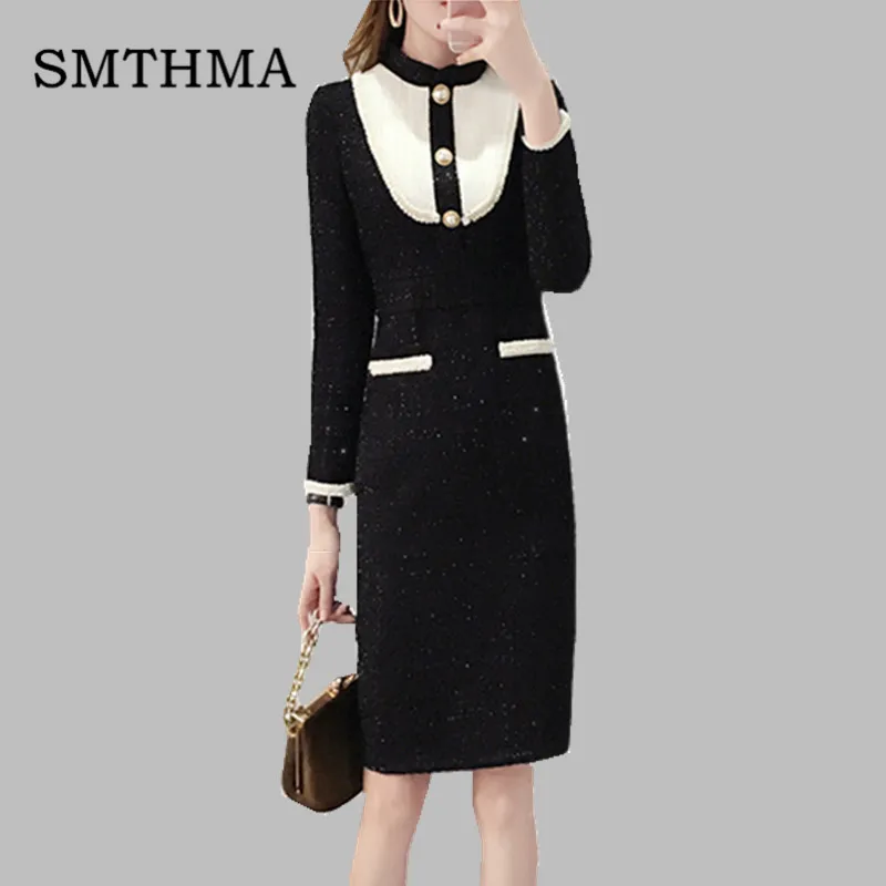 

SMTHMA 2019 New arrival spring High Quality Luxury Runway Dress Vintage Long Sleeve Beads Wool Tweed Black Dresses vestidos