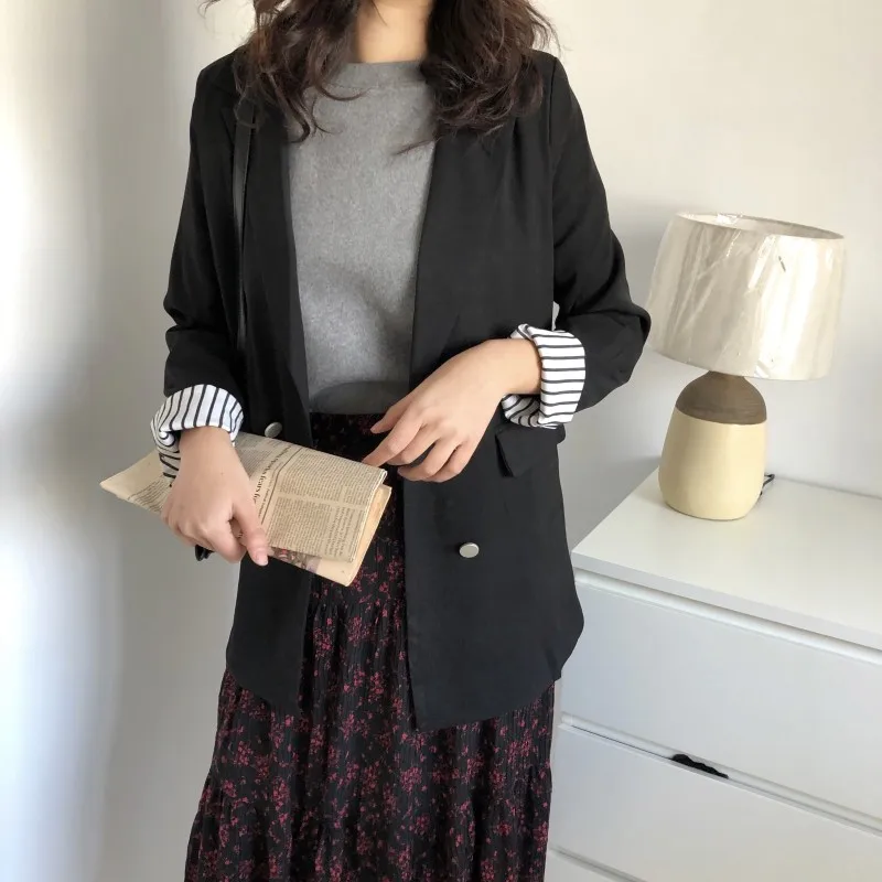 2019 Autumn New Women's Blazers Korean Casual Slim Solid Color Lattice Female Coat Temperament Commute Black Blazer Notched