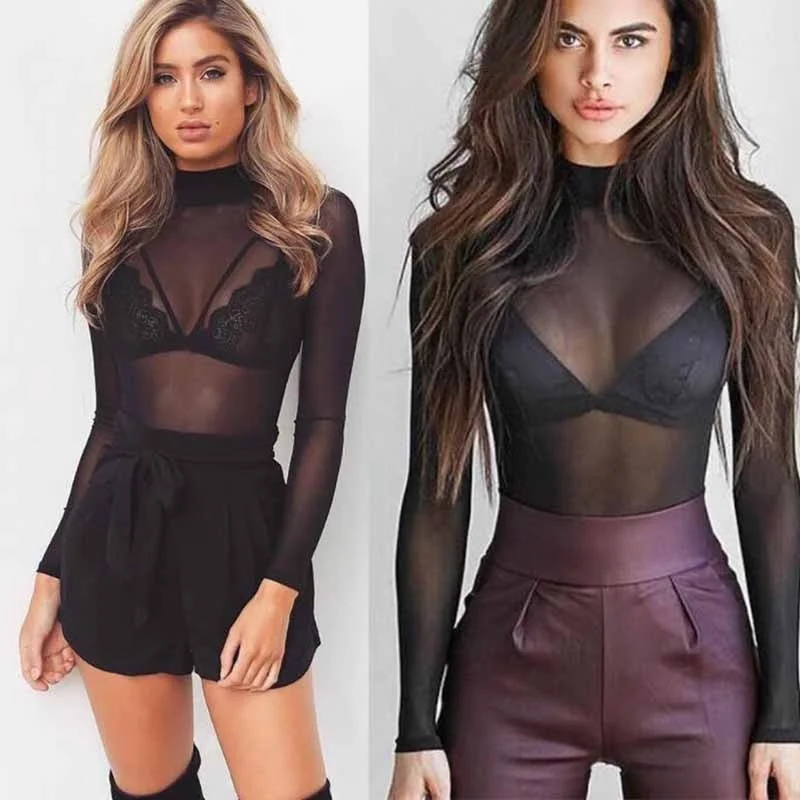 

Womens Sexy See-through Sheer Mesh Tshirts Transparent Long Sleeve Tight-Fitting Casual Tops S-3XL