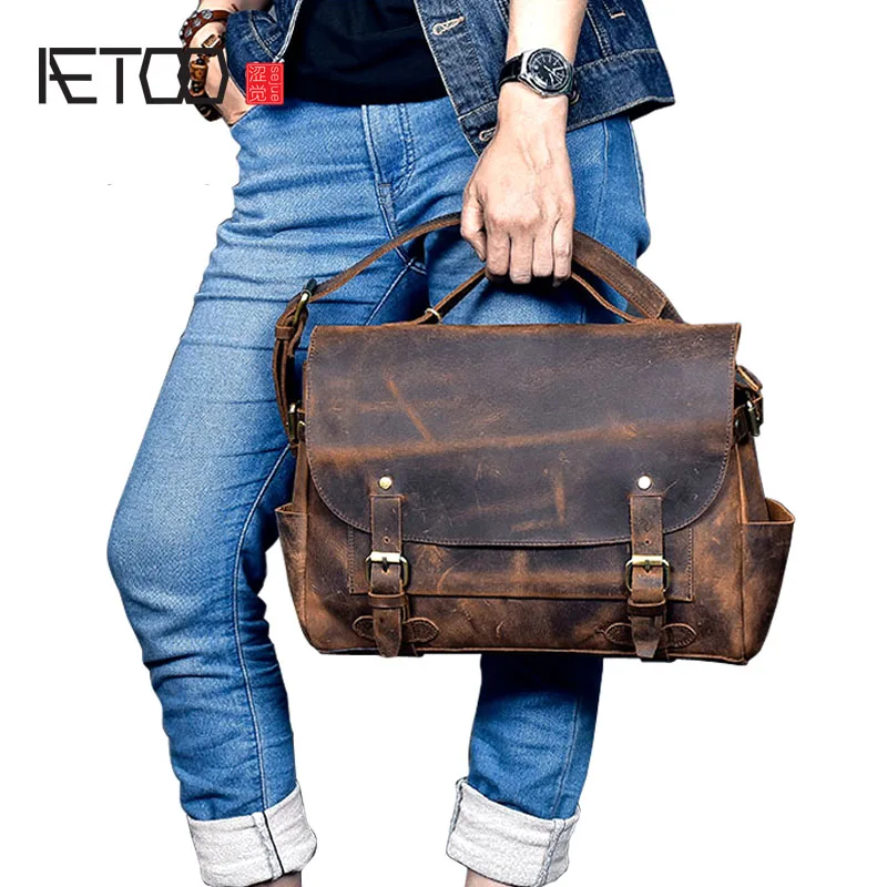 

BJYL New real leather men bag oil wax cowhide retro men shoulder Messenger bag head layer leather casual shoulder bag