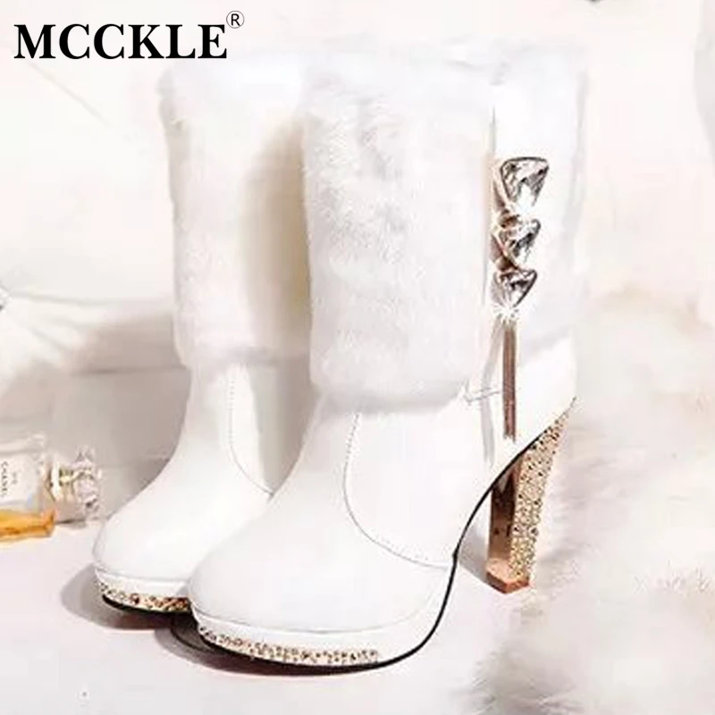 

MCCKLE Plus Size Women Short Plush Mid Calf Boots Female Crystal Zipper Platform High Heels Short Boots Ladies Warm Winter Shoes