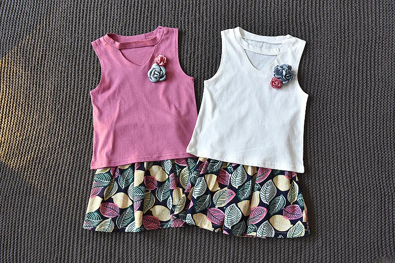 Humor Bear/ г. Новая летняя одежда для девочек детская одежда футболка без рукавов с цветочным принтом+ хлопковая юбка с листьями комплект одежды для детей