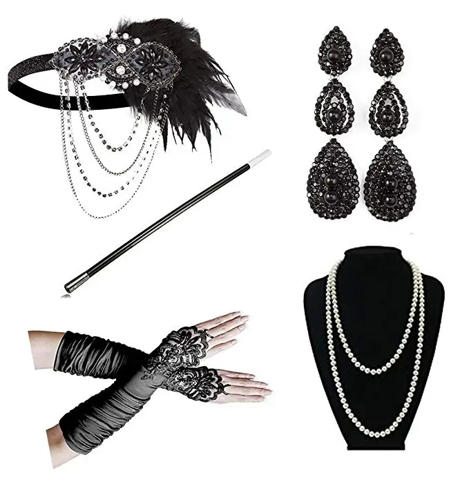 Online 1920 mujeres vintage GATSBY plumas diademas traje de aleta accesorio cigarrillo titular perla collar guantes set cabello