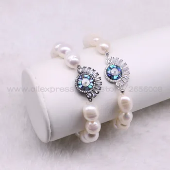 

4 Pcs Natural pearls strand bracelet with micro pave eyes charms Handmade pearls bracelet fashion jewelry strand 2998
