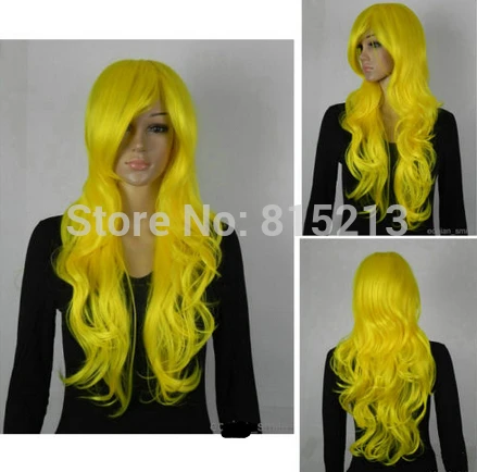 dd001209 Bright yellow Long Wavy Cosplay Wig + hairnet |
