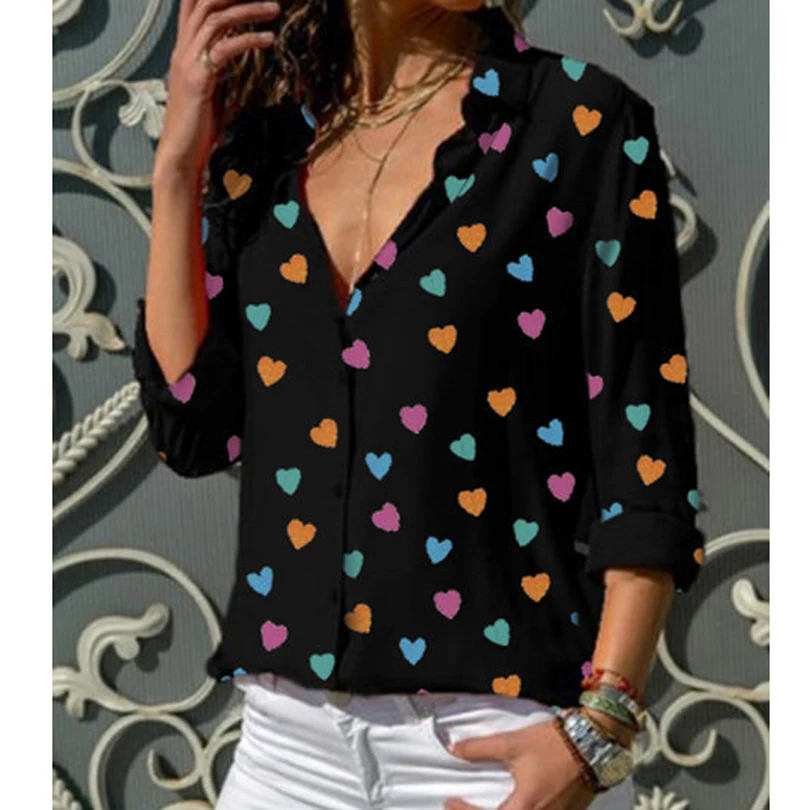 

New Women Blouses Heart Printed V Neck Lady's Shirts Spring Summer Bottom Blouse Plus Size 3XL White Blue Women's Tops Blusa