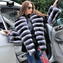 Brand Design Real Fur Coats For Women Oversized Chinchilla Rex Rabbit Turn-down Collar Full Sleeves Rabbit Jacket Outerwear Tops