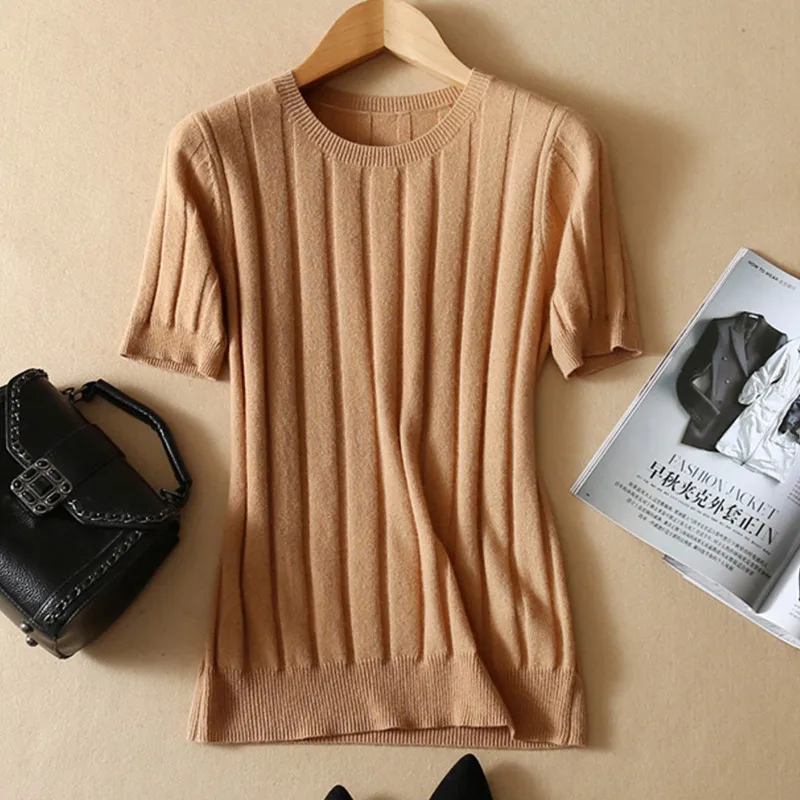 LHZSYY Шерстяная трикотажная футболка, однотонная женская летняя футболка с круглым вырезом, популярный пуловер, мягкая футболка с коротким рукавом и разноцветная футболка на выбор - Цвет: Хаки