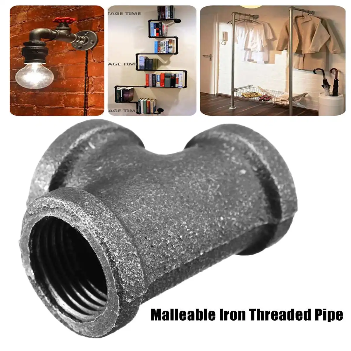 

Black Tee Pipe Fitting Malleable Iron Threaded Pipe For DIY Flange Fittings Bracket DN15/ DN20 High Quality