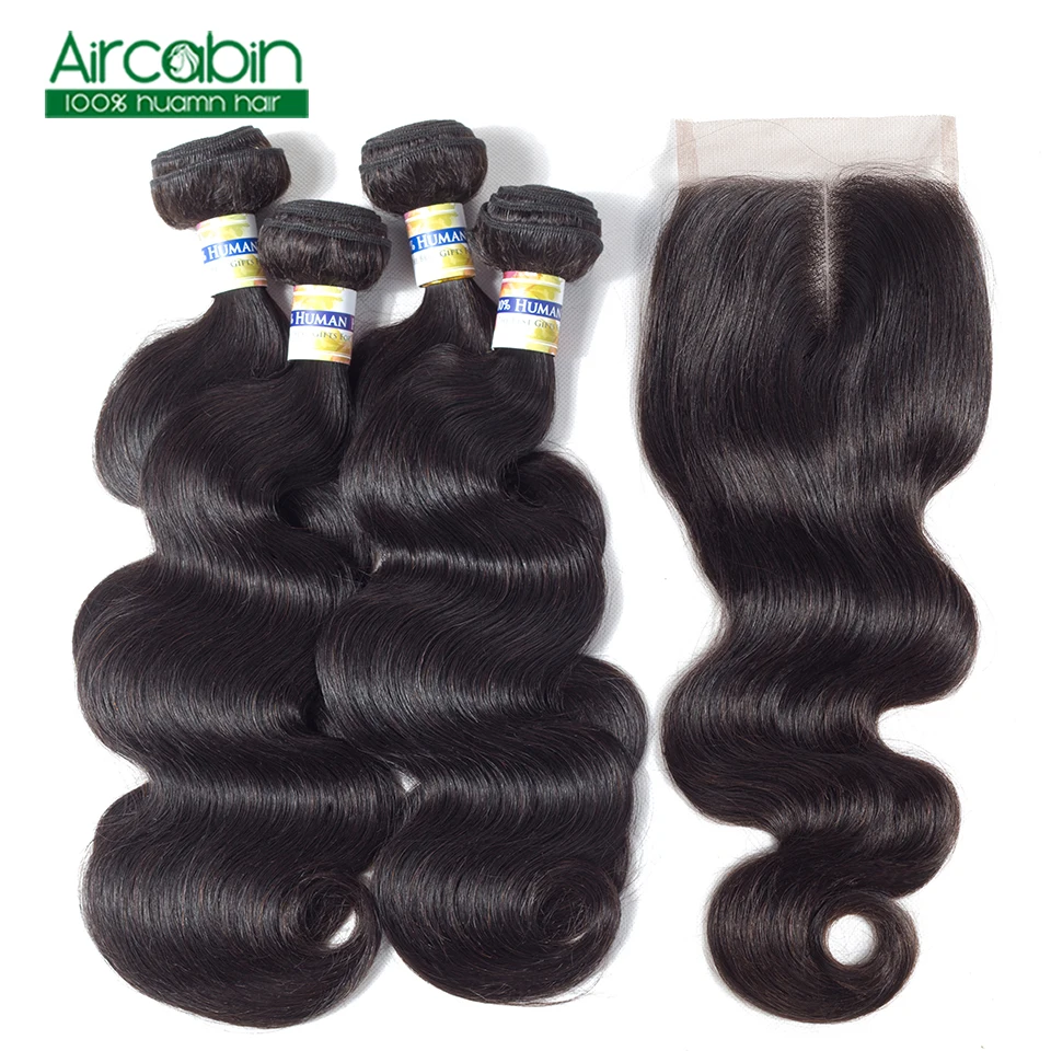 

Brazilian Body Wave Human Hair Bundles With 4*4 Lace Closure 100% Remy Human Hair 4Pcs Middle Free Three Closure AirCabin Hair