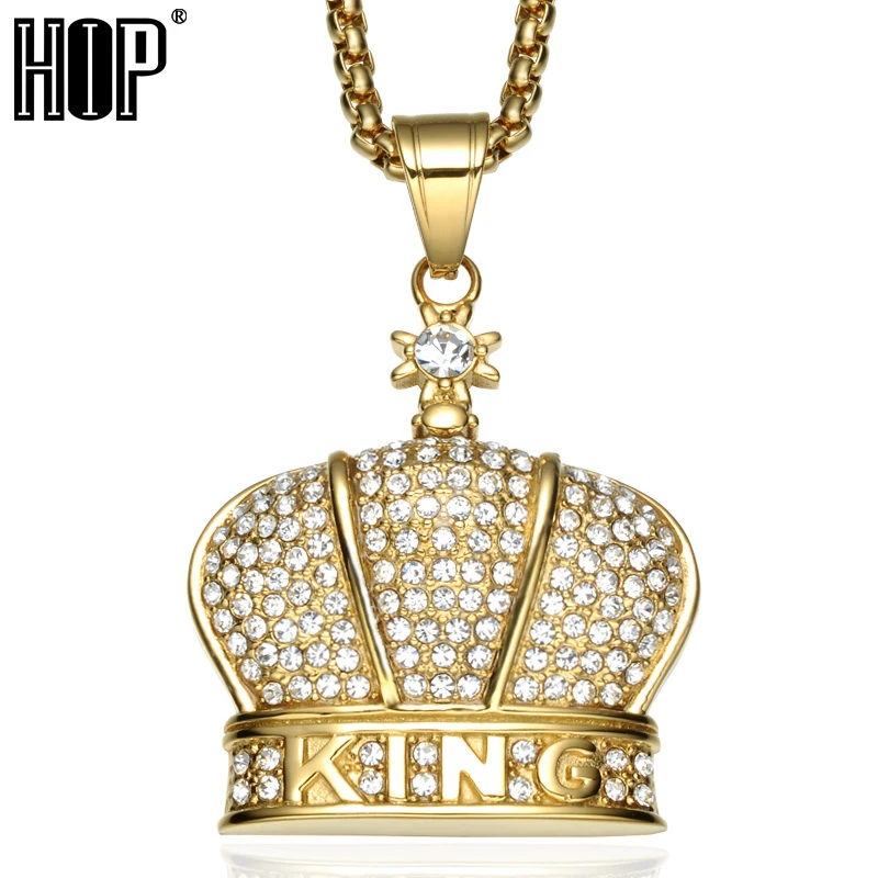 HIP Hop Bling Iced Out King Crown Necklace Full Rhinestone 316L