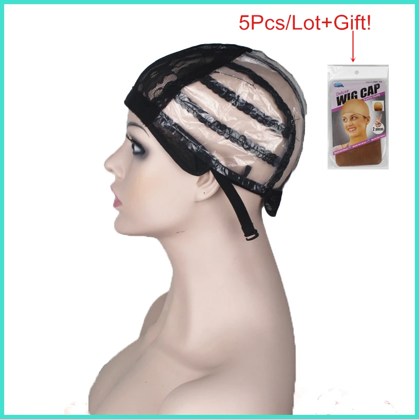 

5Pcs/lot wig cap for making wigs black color adjustable straps cheapest stretch mesh caps high quality gurantee free shipping