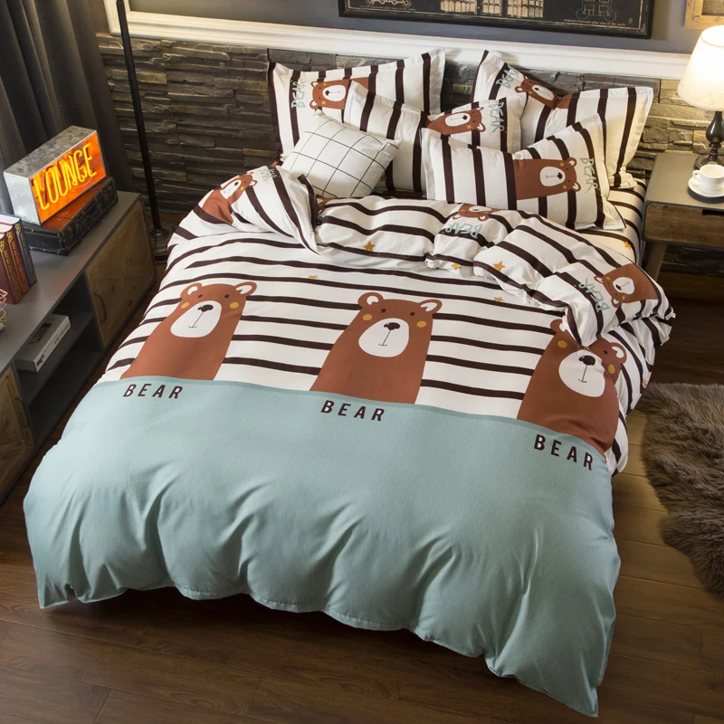 

Brown Bear Pattern 4Pcs Modern Bedding Se Bed Linens Reactive Printing Duvet Cover Set Pastoral Style Home Bed Set Flat Sheet