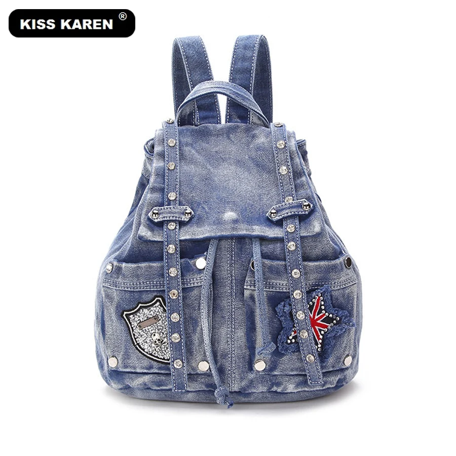 

KISS KAREN Diamond Studs Fashion Denim Backpack Jeans Women's Backpacks Travel Casual Daypacks Teenager Backpack