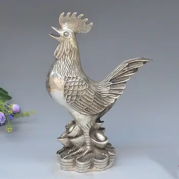 

China FengShui Silver Wealth Fu YuanBao Coin Zodiac Cock Rooster Lucky Statue