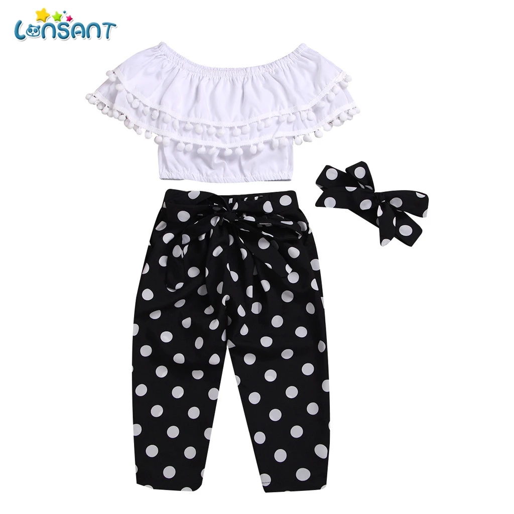 

LONSANT Baby Girls Summer Outfits Girls Pompon Tassels+Off Shoulder Crop Tops+Dot Pants+Headband Cute 3pcs Baby Outfits For Girl
