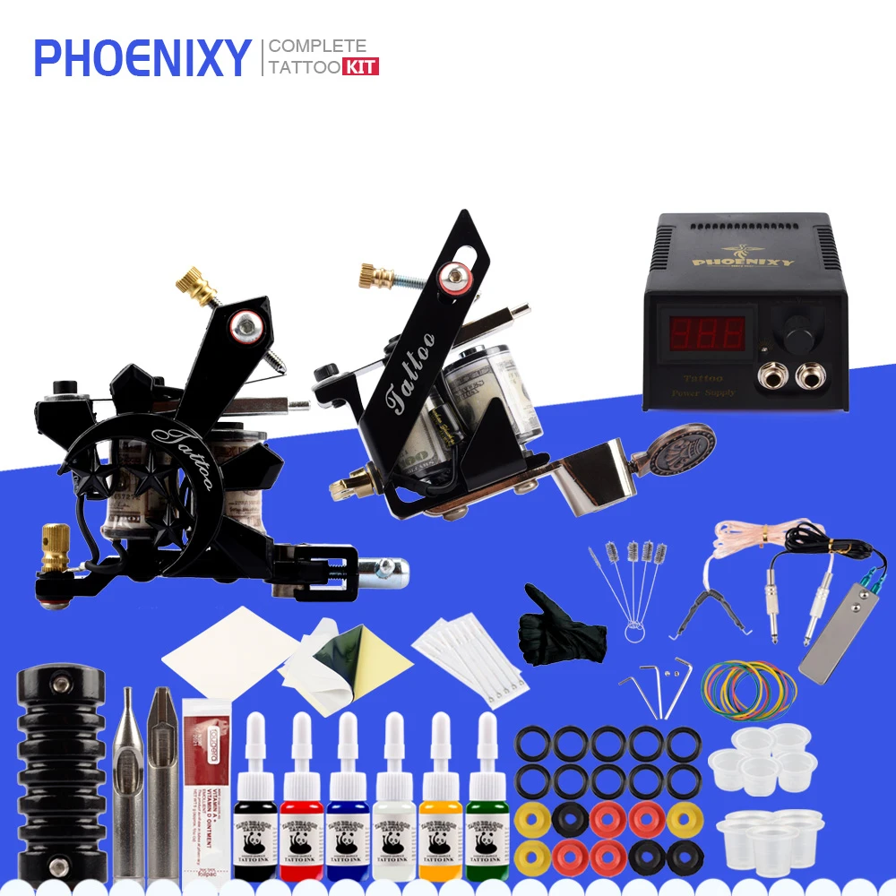 

Complete Tattoo Kit 2 Tattoo Machines Gun 6 Inks Set LCD Power Supply Grip Body Art Tools Set Tattoo Permanent Makeup Tattoo set