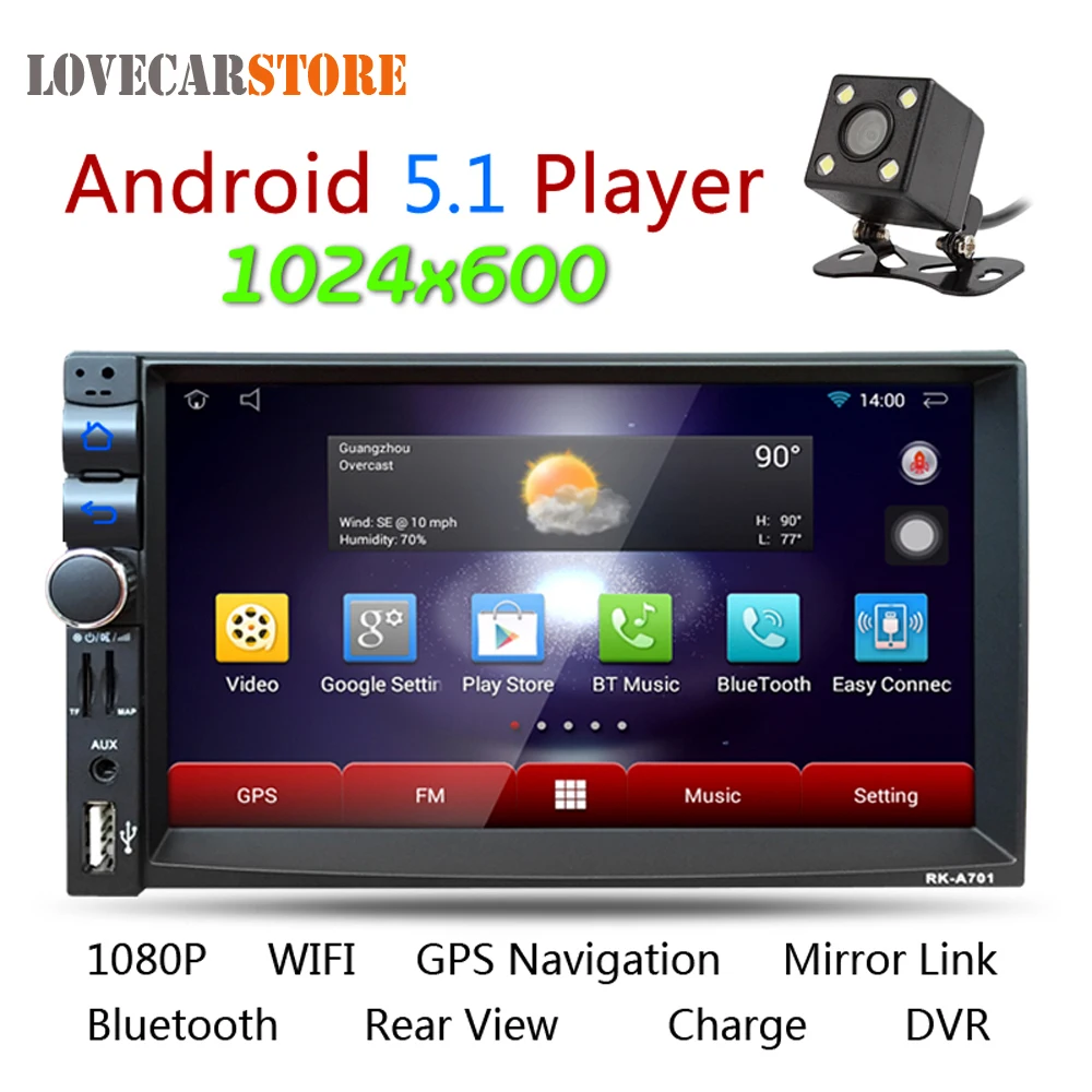 

7 Inch Android 5.1 2 Din Bluetooth Car Radio Stereo Player Digital Touch Screen GPS Navigation + Night Vision Rear View Camera