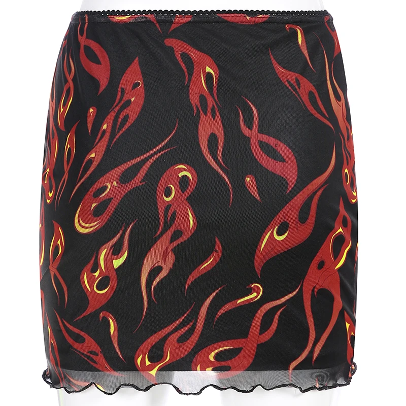 HEYounGIRL Сексуальная сетчатая юбка с принтом огня, черные юбки с высокой талией, женские облегающие Женские юбки-карандаш, уличная одежда для летних вечеринок
