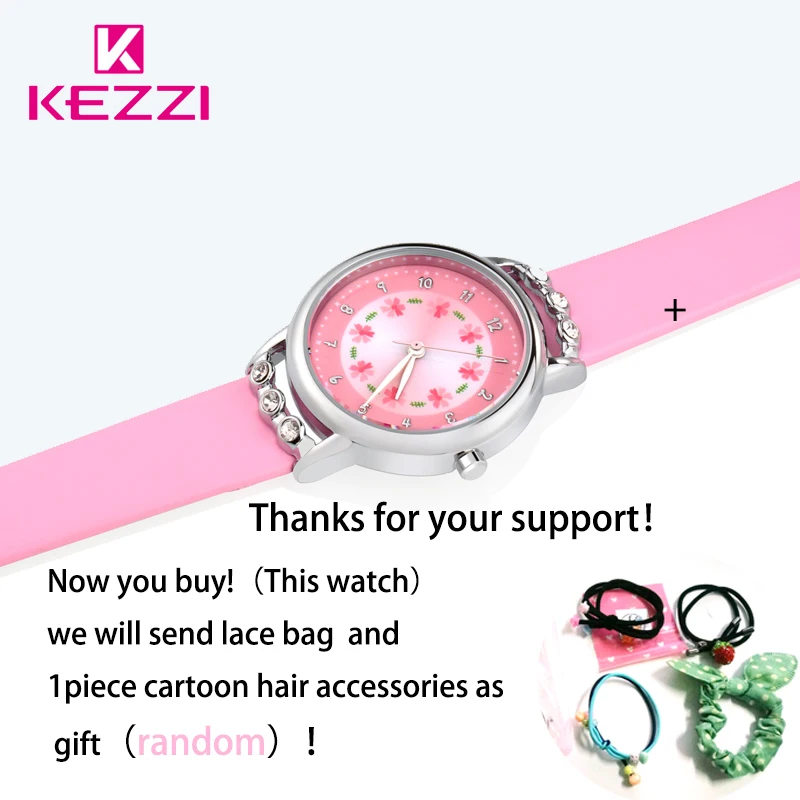 Kezzi, детские часы для девочек, стразы, цветы, кожаный ремешок, наручные часы для студентов, Мультяшные кварцевые часы, montre enfant