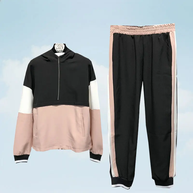 

Spring-Autumn Women Two-piece Suit 2019 Loose Slim Hooded Short Jacket High Waist Color Matching Pants Female Two piece Set G353
